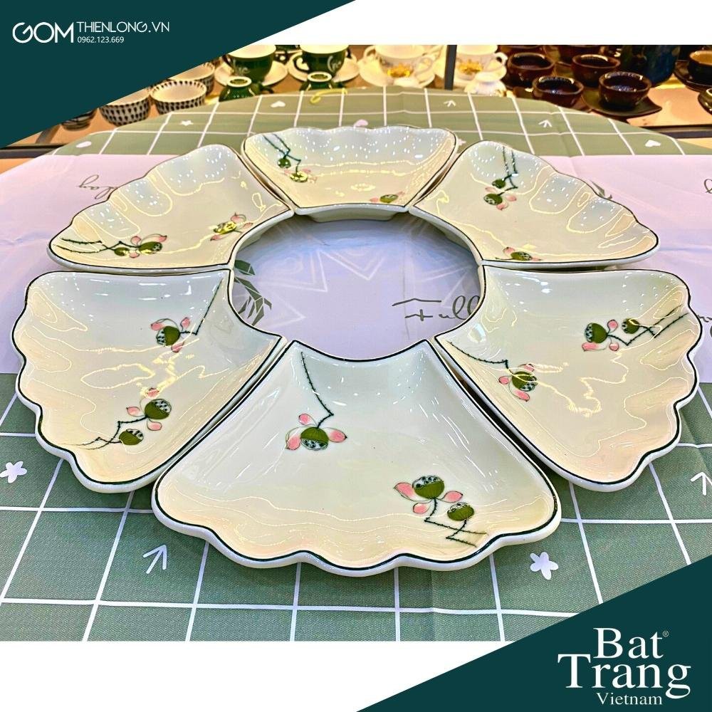 Bộ Bát Đĩa Hoa Mặt Trời Men Kem Vẽ Đài Sen