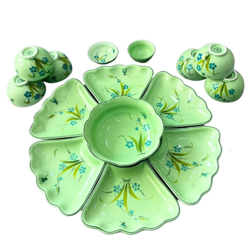 Bộ Bát Đĩa Hoa Mặt Trời Xanh Cốm Ngọc Vẽ Hoa 230910