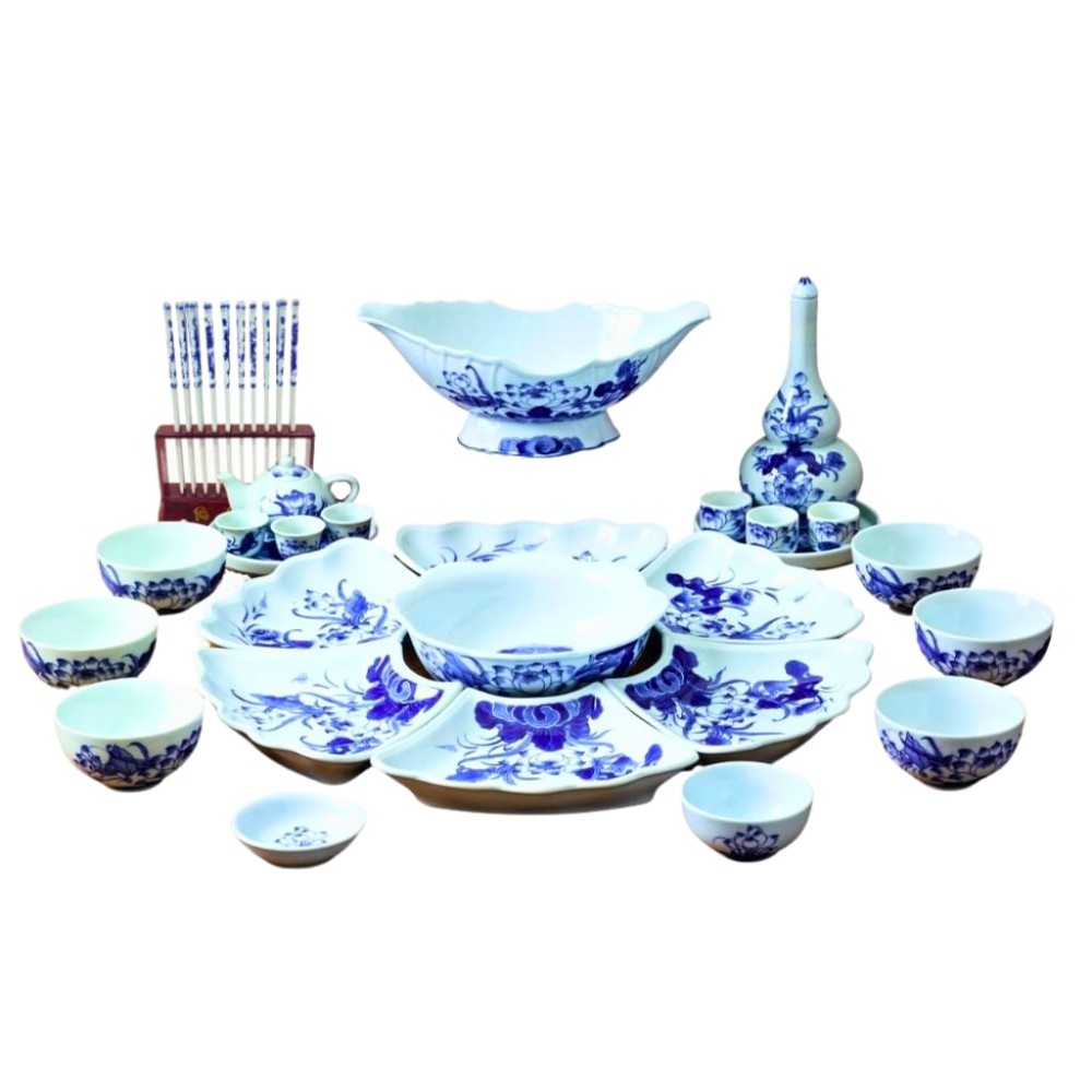 Bộ Bát Đĩa Hoa Mặt Trời Lam Ngọc Vẽ Sen