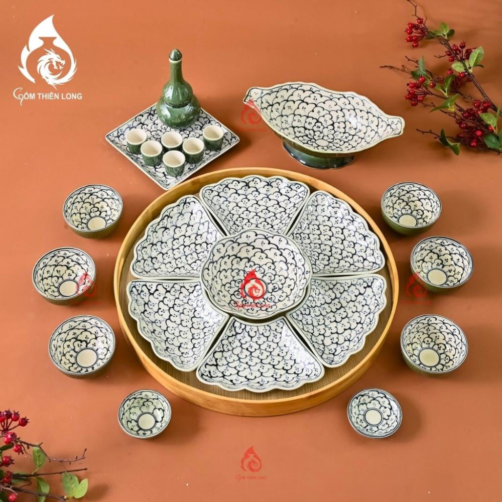 Bộ Bát Đĩa Hoa Mặt Trời Men Rêu Vẽ Liên Hoa 230890