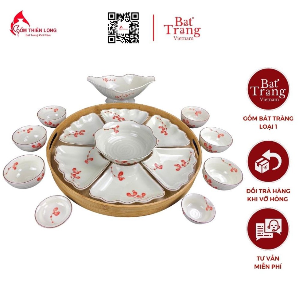 Bộ Bát Đĩa Thắp Hương | Men Kem Vẽ Đào Đỏ