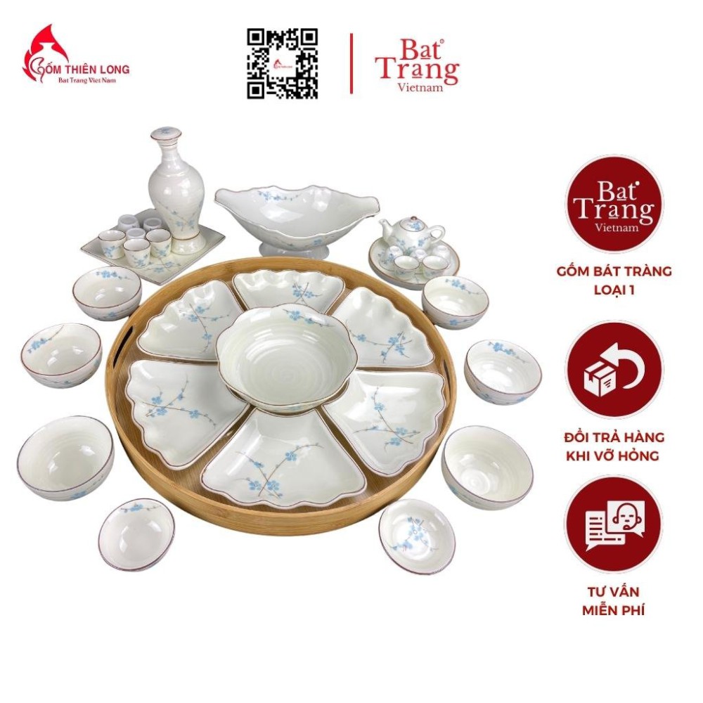 Bộ Bát Đĩa Thắp Hương | Men Kem Vẽ Đào Xanh