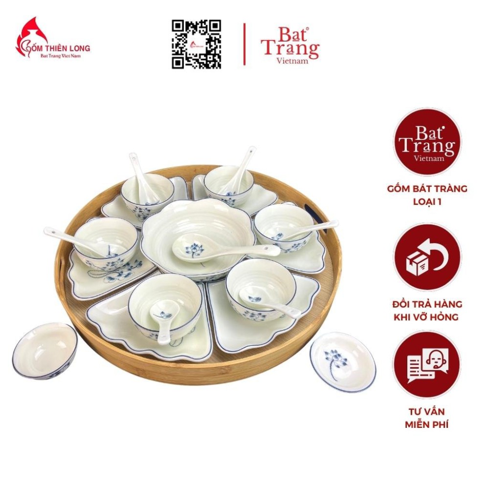 Bộ Bát Đĩa Thắp Hương Men Kem Vẽ Sen Chàm 236624