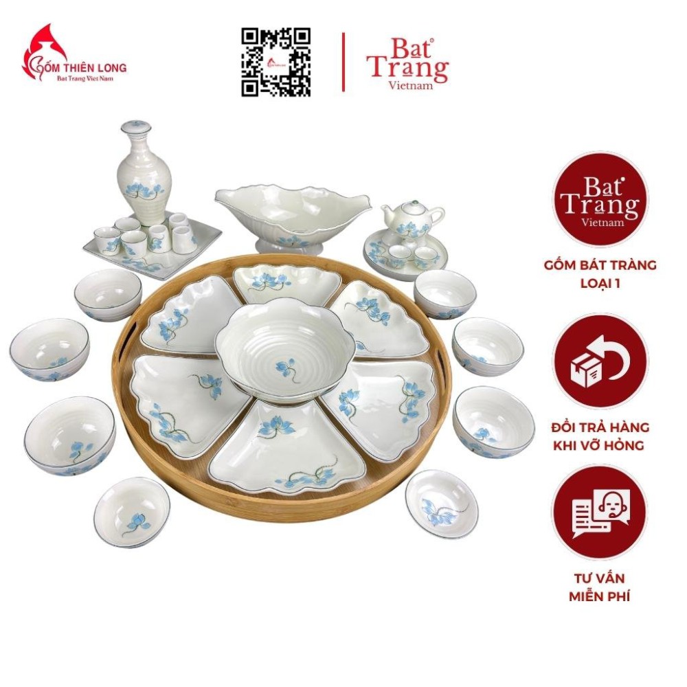 Bộ Bát Đĩa Thắp Hương | Men Kem Vẽ Sen Xanh