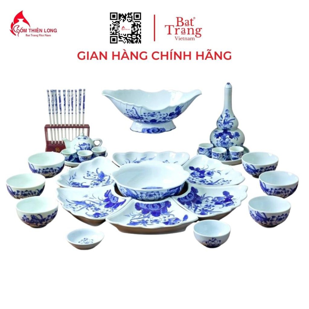 Bộ Bát Đĩa Thắp Hương Men Lam Ngọc Vẽ Sen