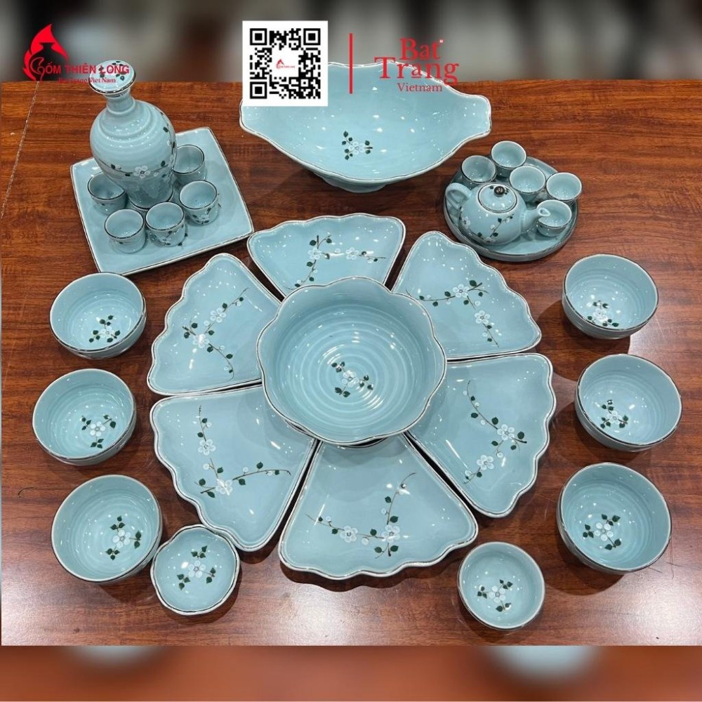 Bộ Bát Đĩa Thắp Hương | Xanh Ngọc Vẽ Đào Trắng