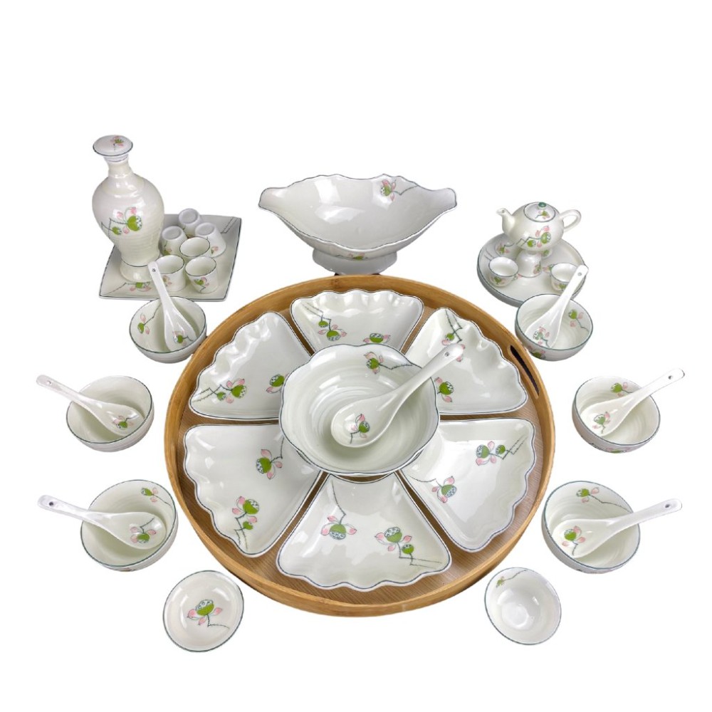 Bộ Bát Đĩa Thắp Hương | Men Kem Vẽ Đài Sen