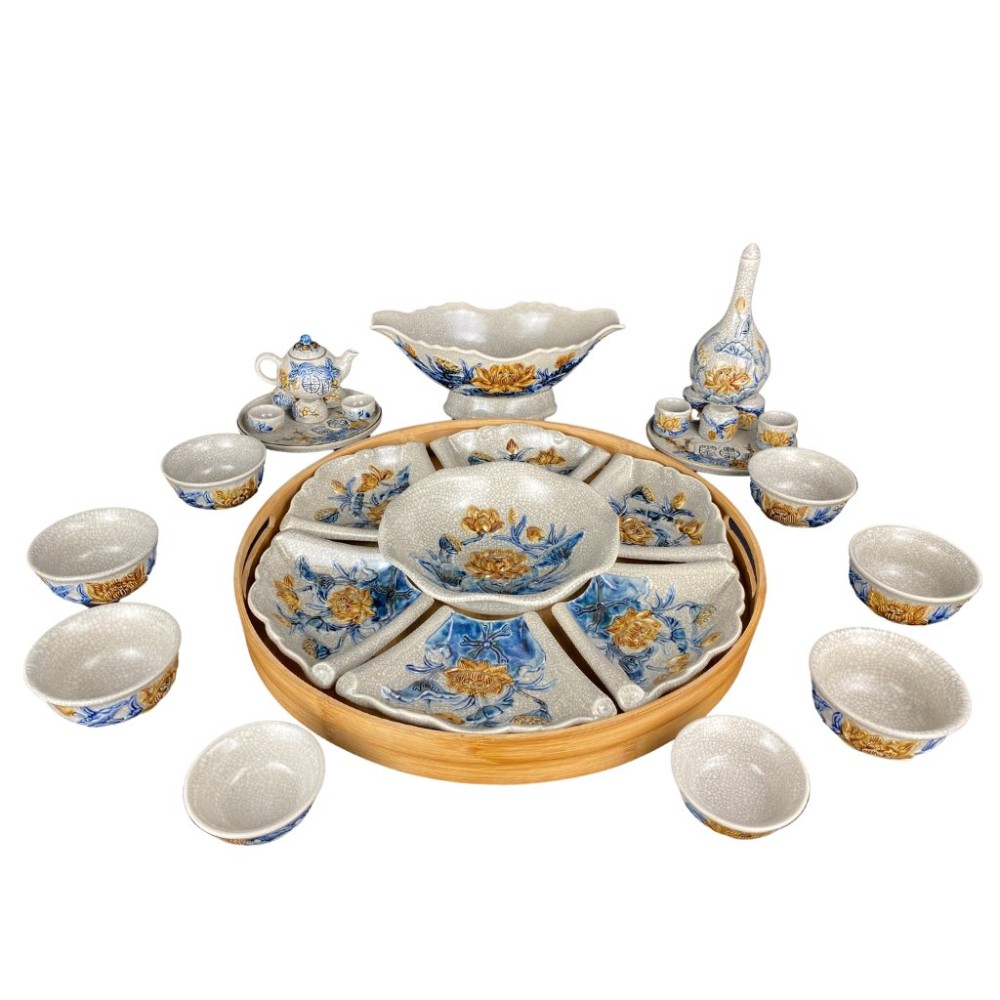 Bộ Bát Đĩa Thắp Hương Men Rạn Đắp Nổi Sen 010623