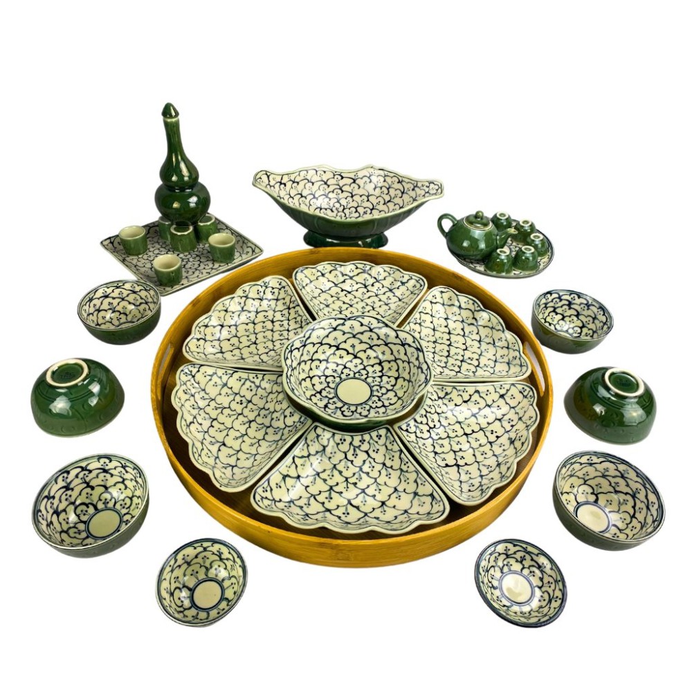 Bộ Bát Đĩa Thắp Hương Xanh Rêu Vẽ Bèo HMT062201