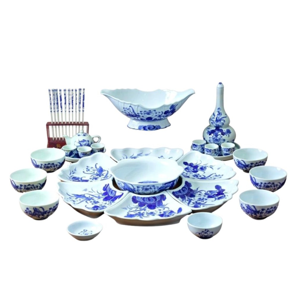 Bộ Bát Đĩa Thắp Hương Men Lam Ngọc Vẽ Sen