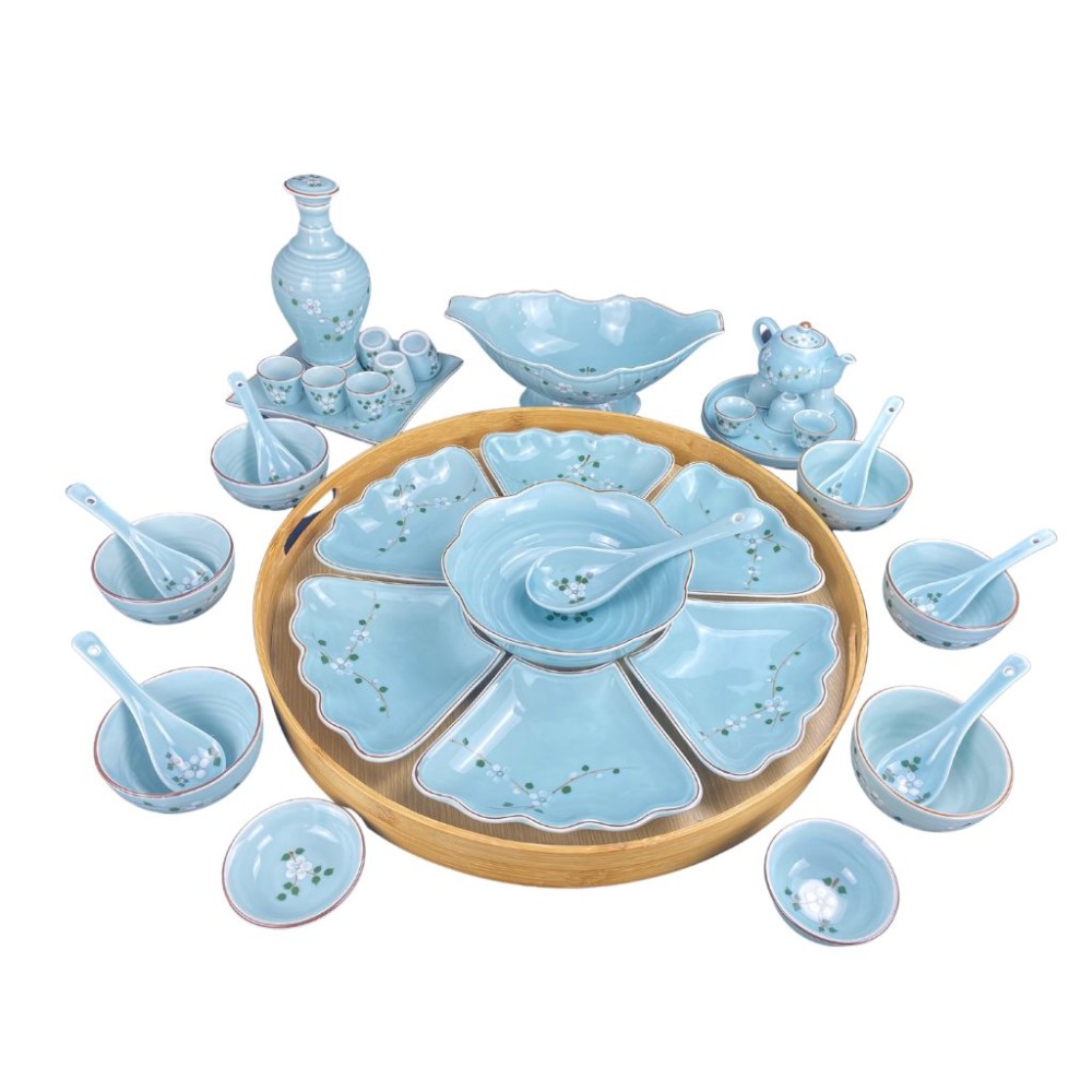 Bộ Bát Đĩa Thắp Hương | Xanh Ngọc Vẽ Đào Trắng