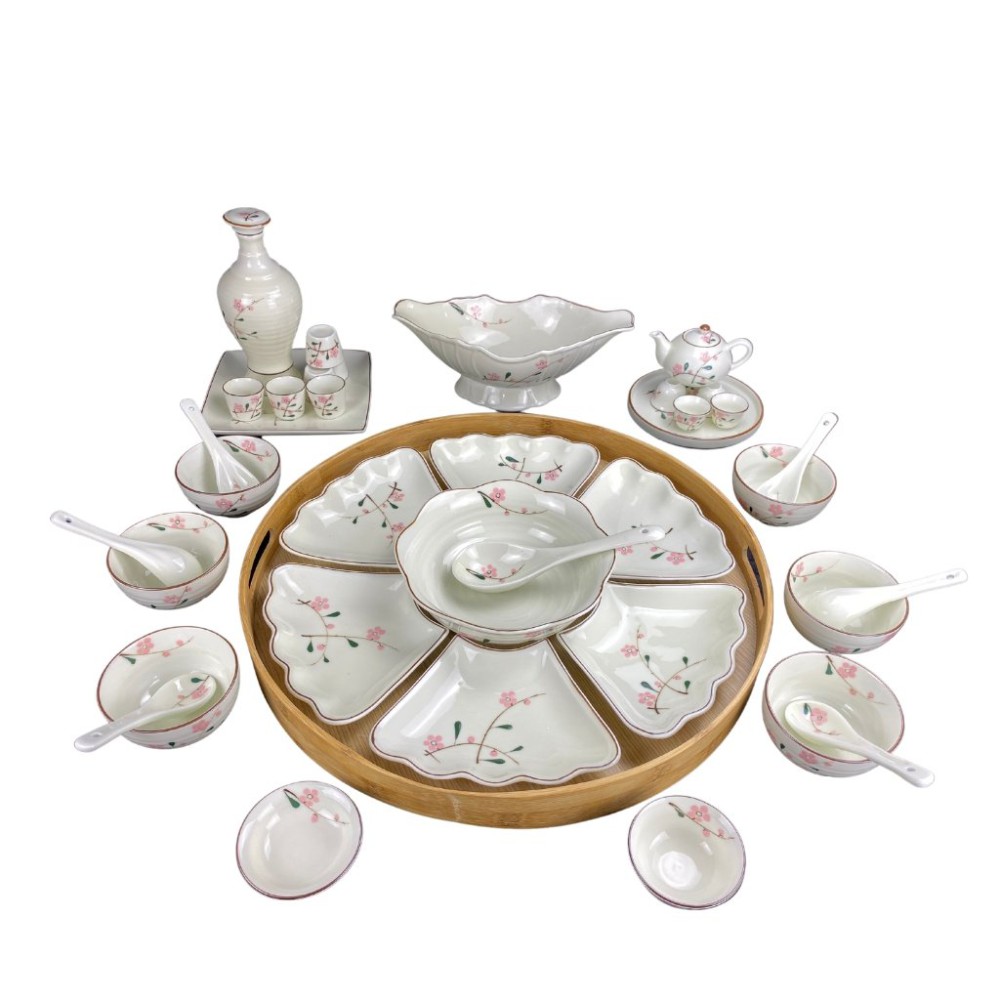 Bộ Bát Đĩa Thắp Hương | Men Kem Vẽ Đào Hồng