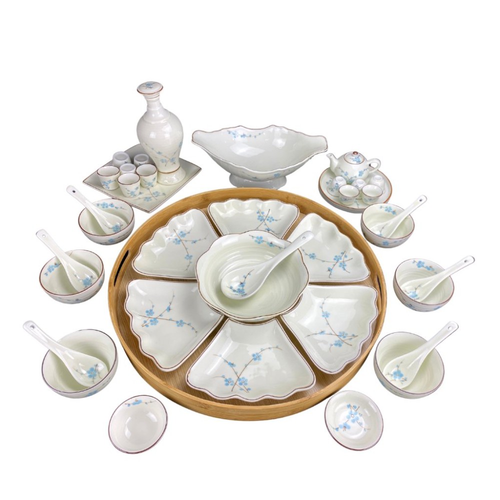 Bộ Bát Đĩa Thắp Hương | Men Kem Vẽ Đào Xanh