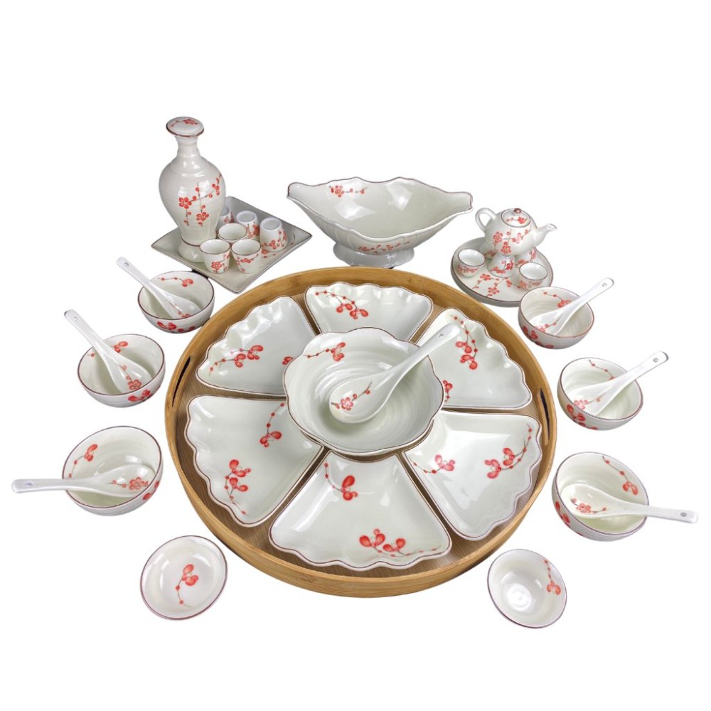 Bộ Bát Đĩa Thắp Hương | Men Kem Vẽ Đào Đỏ