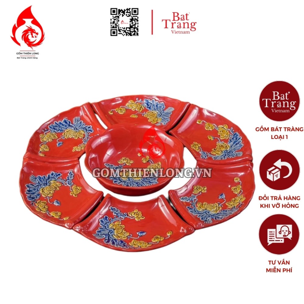 Bộ Bát Đĩa Hoa Mặt Trời Men Màu Đỏ Đắp Nổi Hoa Sen 240107