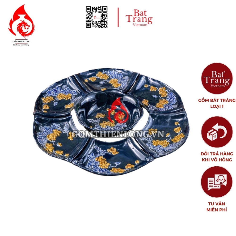 Bộ Bát Đĩa Hoa Mặt Trời Men Xanh Tím Coban Đắp Nổi 240109