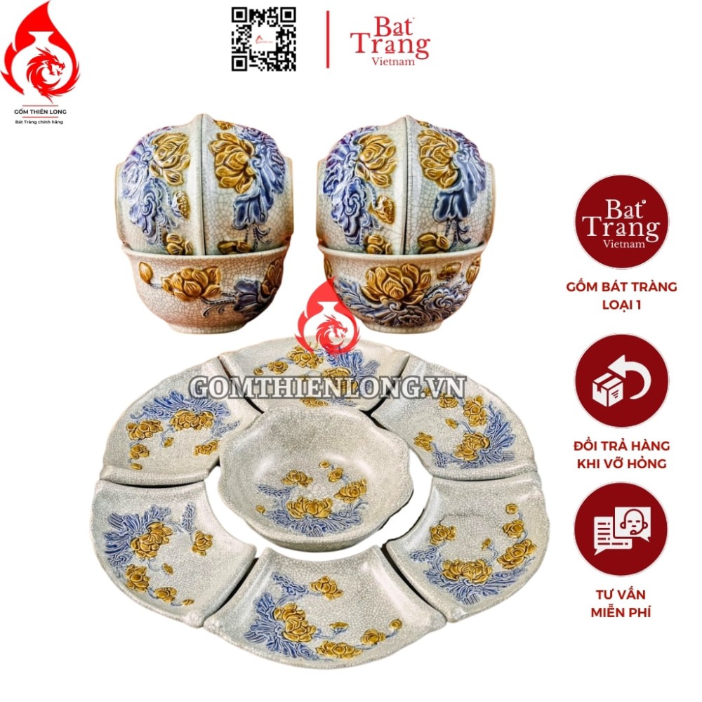 Bộ Bát Đĩa Hoa Mặt Trời Men Rạn Đắp Nổi Hoa Sen 240106