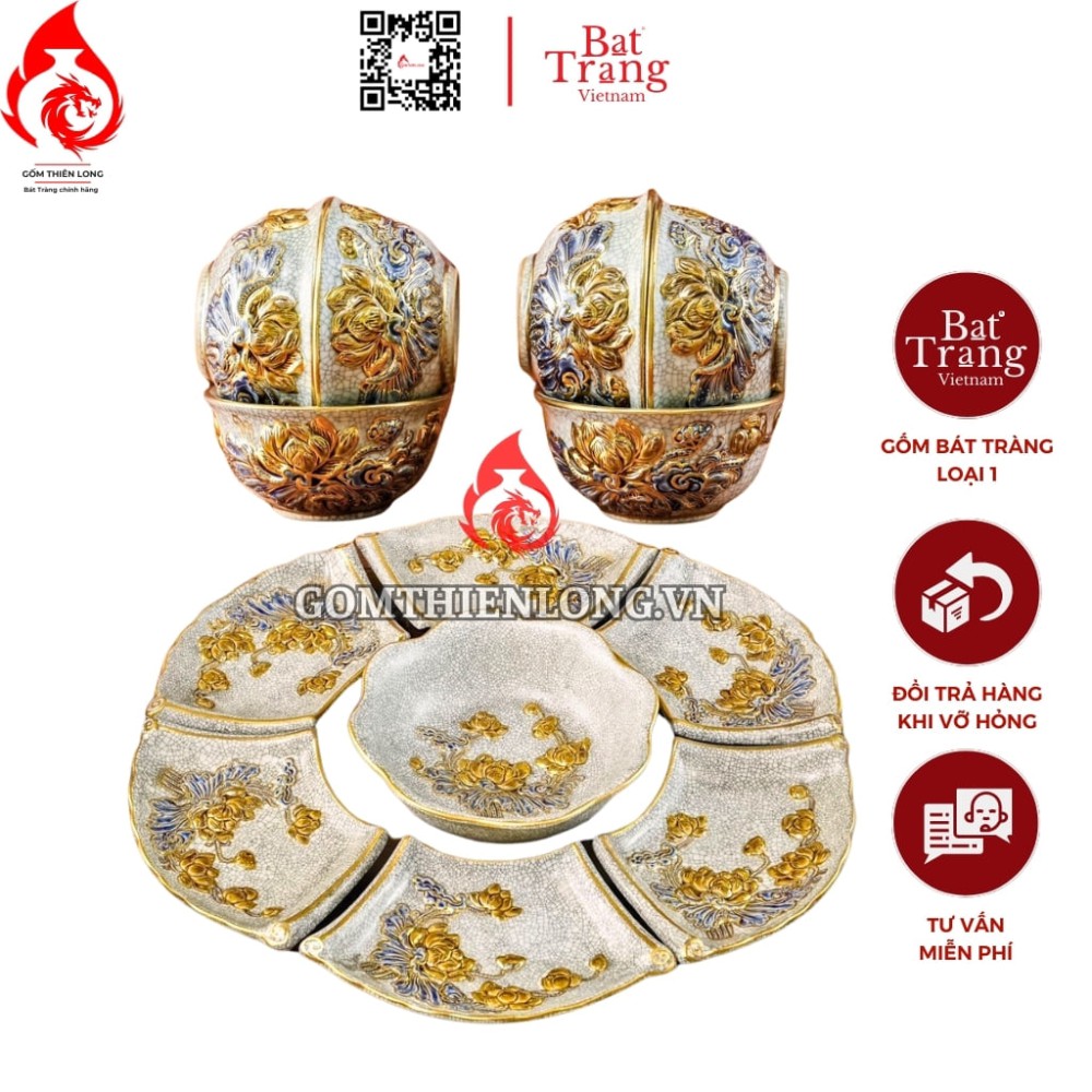 Bộ Bát Đĩa Hoa Mặt Trời Men Rạn Vẽ Vàng 240105