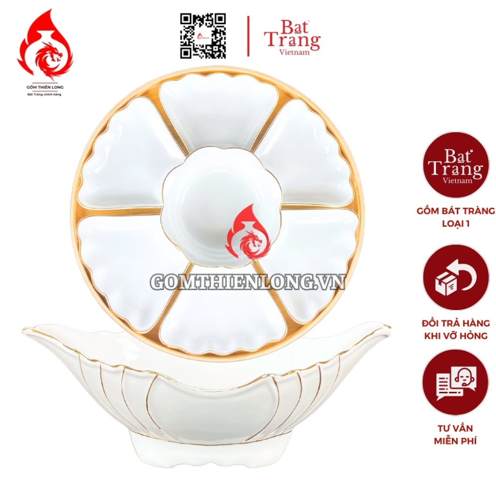 Bộ Bát Đĩa Thắp Hương Men Trắng Viền Vàng 24k 240103