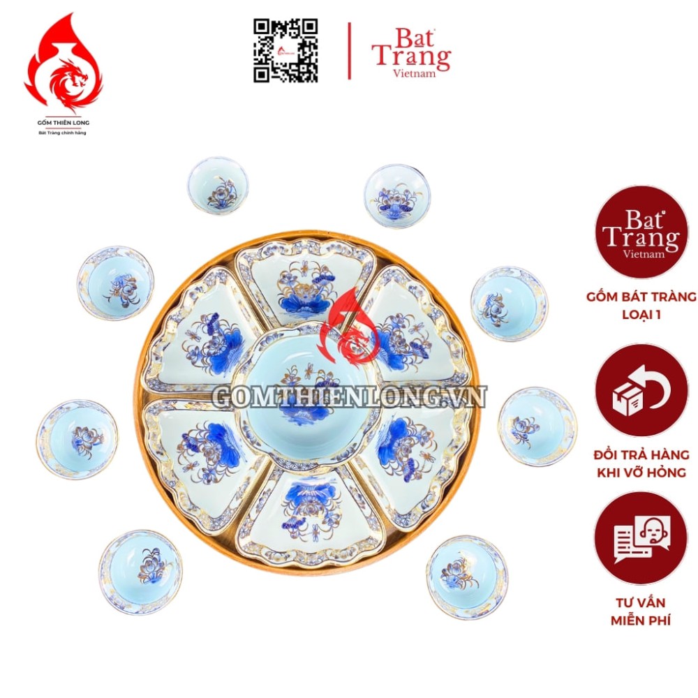 Bộ Bát Đĩa Thắp Hương Men Lam Ngọc Vẽ Vàng 231221