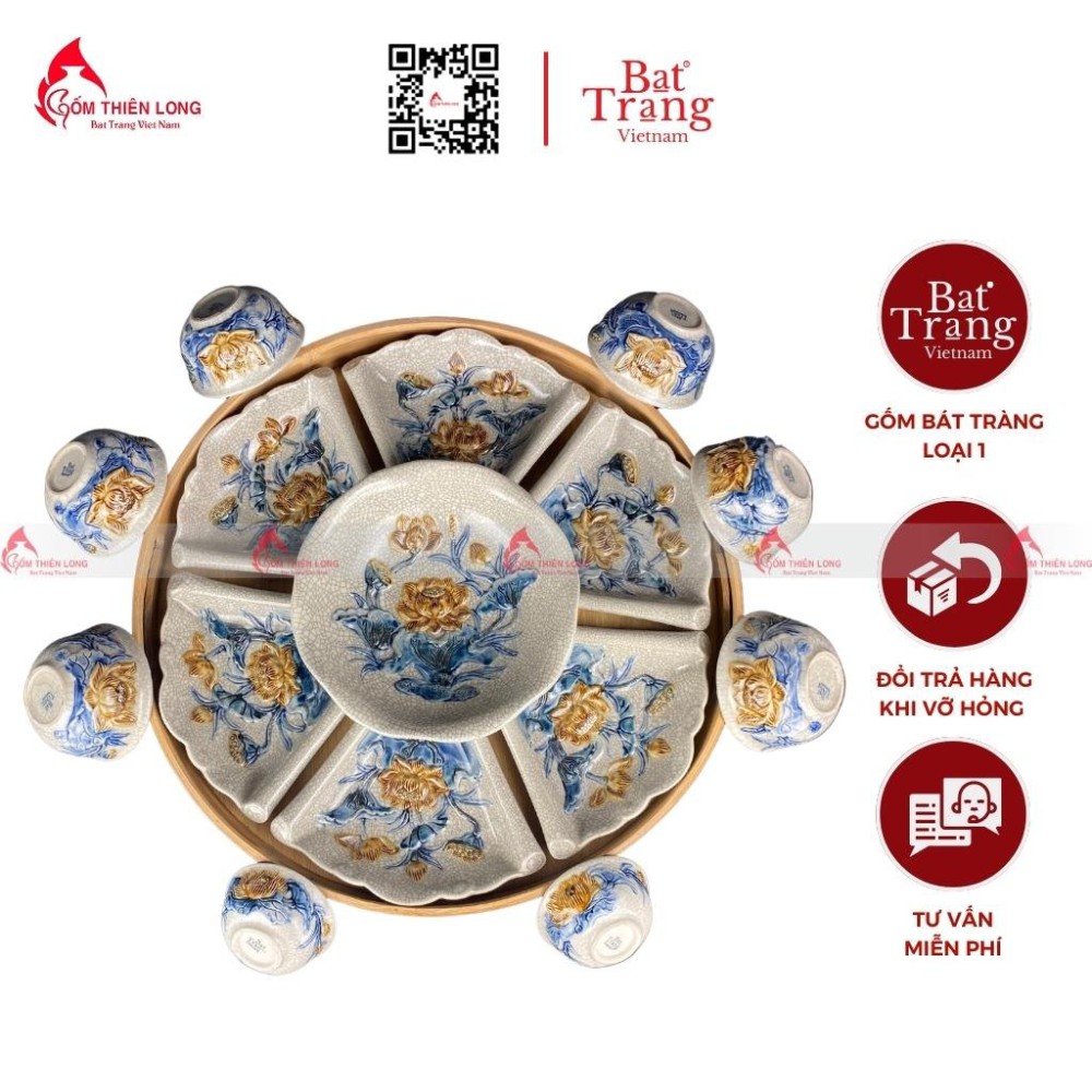 Bộ Bát Đĩa Thắp Hương Men Rạn Đắp Nổi Sen 010623