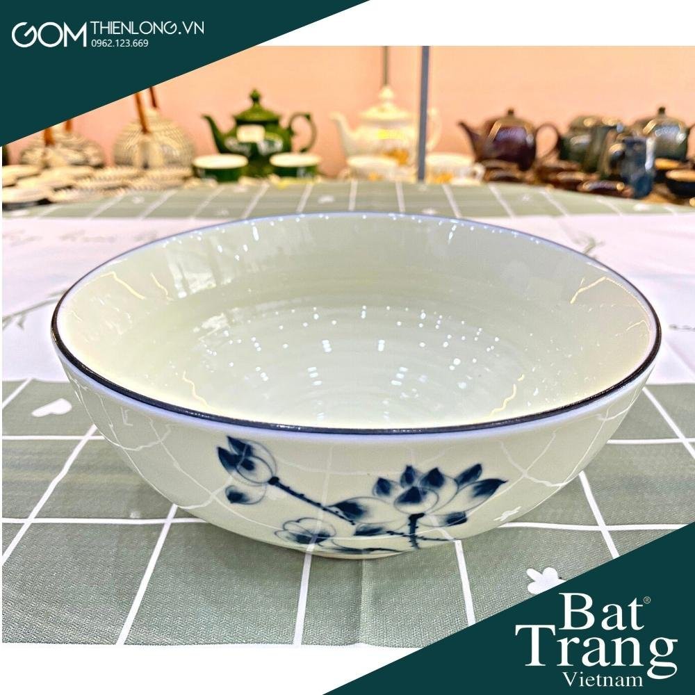 Bộ Bát Đĩa Hoa Mặt Trời Men Kem Vẽ Sen Chàm