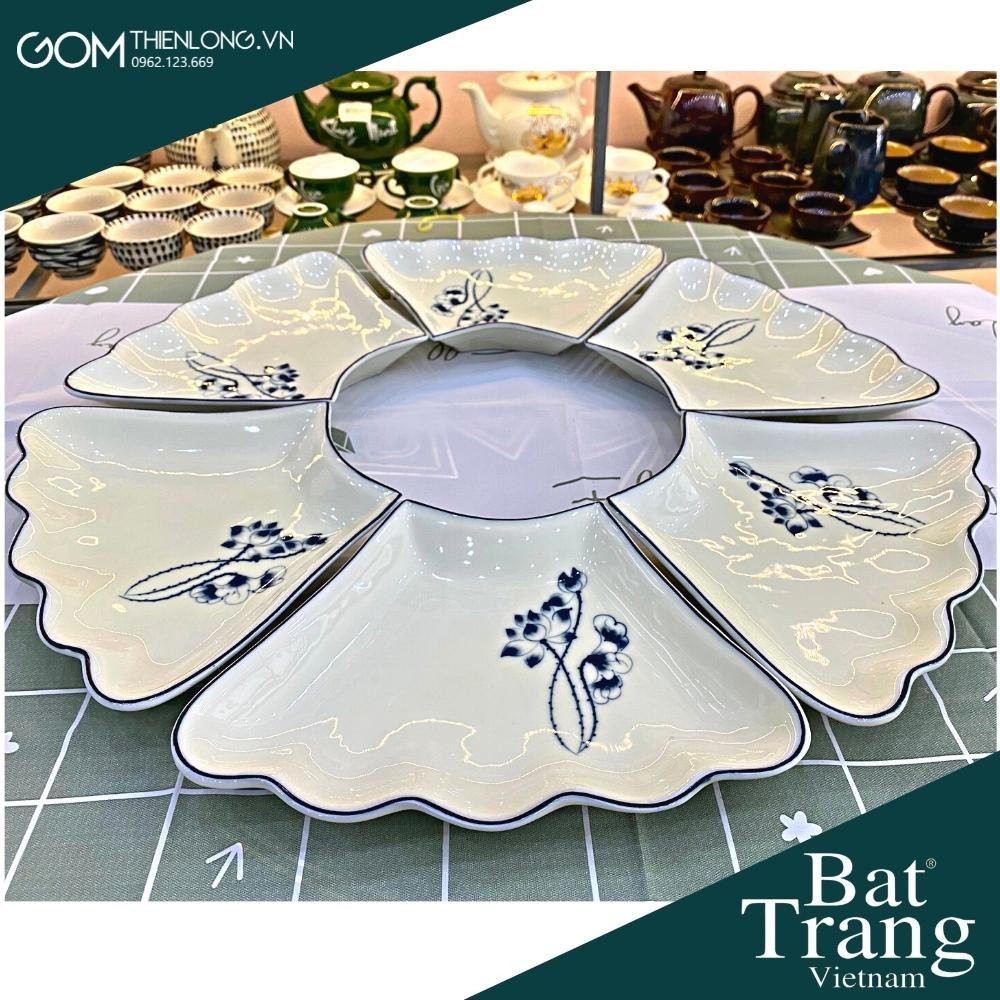 Bộ Bát Đĩa Hoa Mặt Trời Men Kem Vẽ Sen Chàm