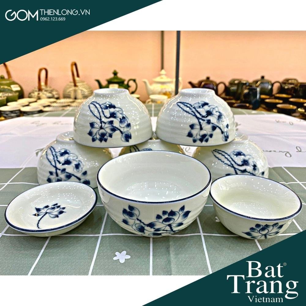 Bộ Bát Đĩa Hoa Mặt Trời Men Kem Vẽ Sen Chàm