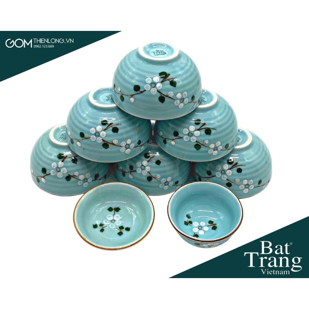 Bộ Bát Đĩa Hoa Mặt Trời Xanh Ngọc Vẽ Đào Trắng