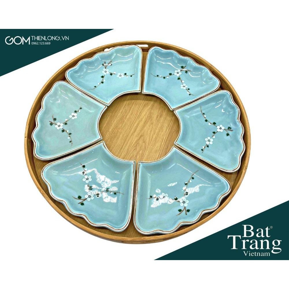 Bộ Bát Đĩa Hoa Mặt Trời Xanh Ngọc Vẽ Đào Trắng