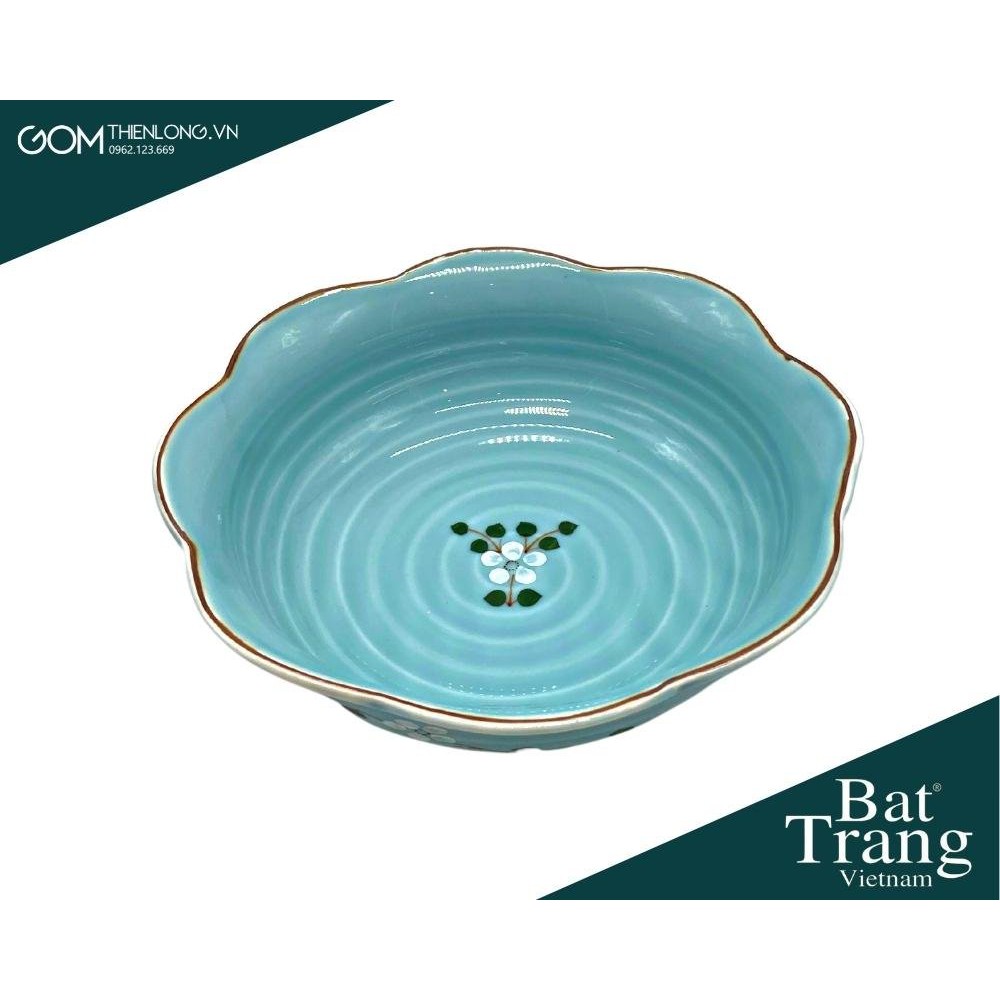 Bộ Bát Đĩa Hoa Mặt Trời Xanh Ngọc Vẽ Đào Trắng