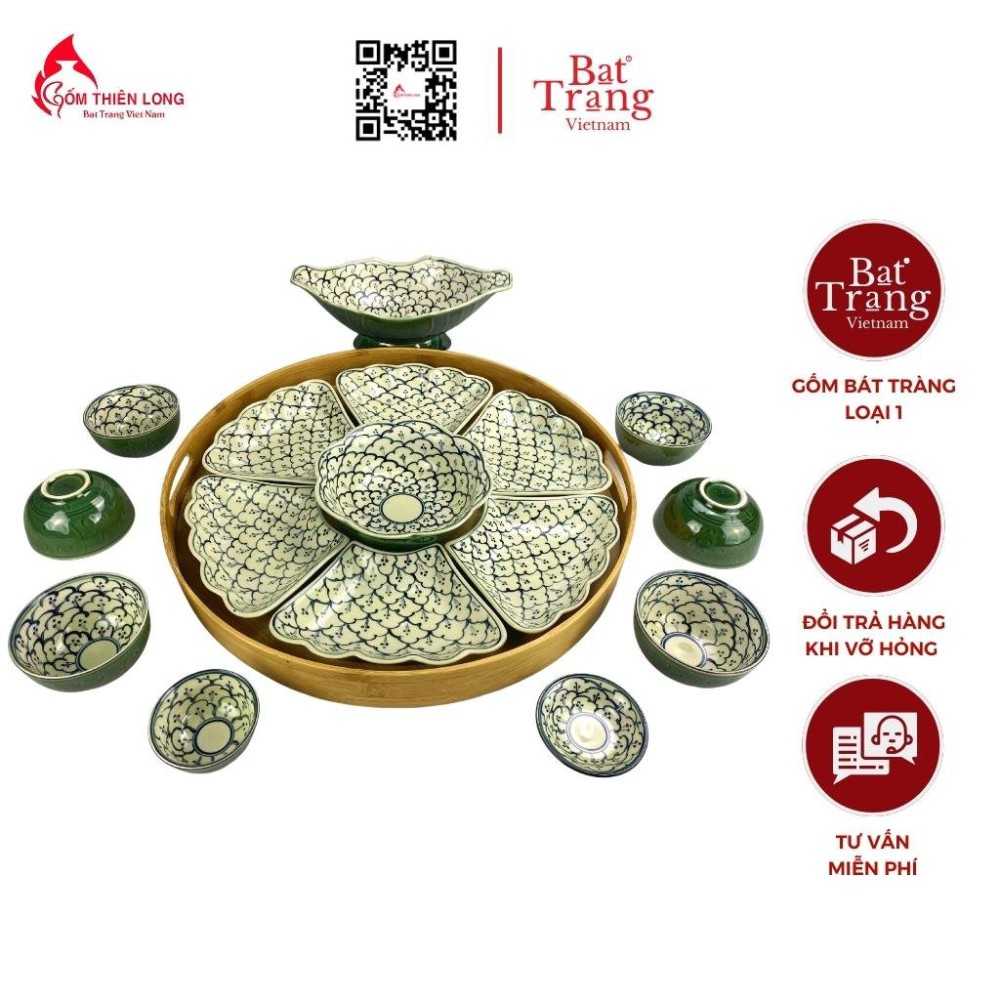 Bộ Bát Đĩa Thắp Hương Xanh Rêu Vẽ Bèo HMT062201