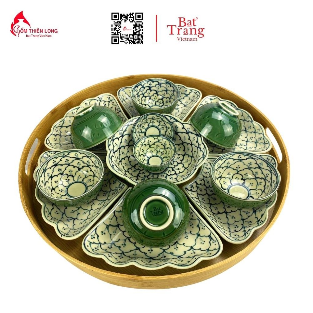 Bộ Bát Đĩa Thắp Hương Xanh Rêu Vẽ Bèo HMT062201