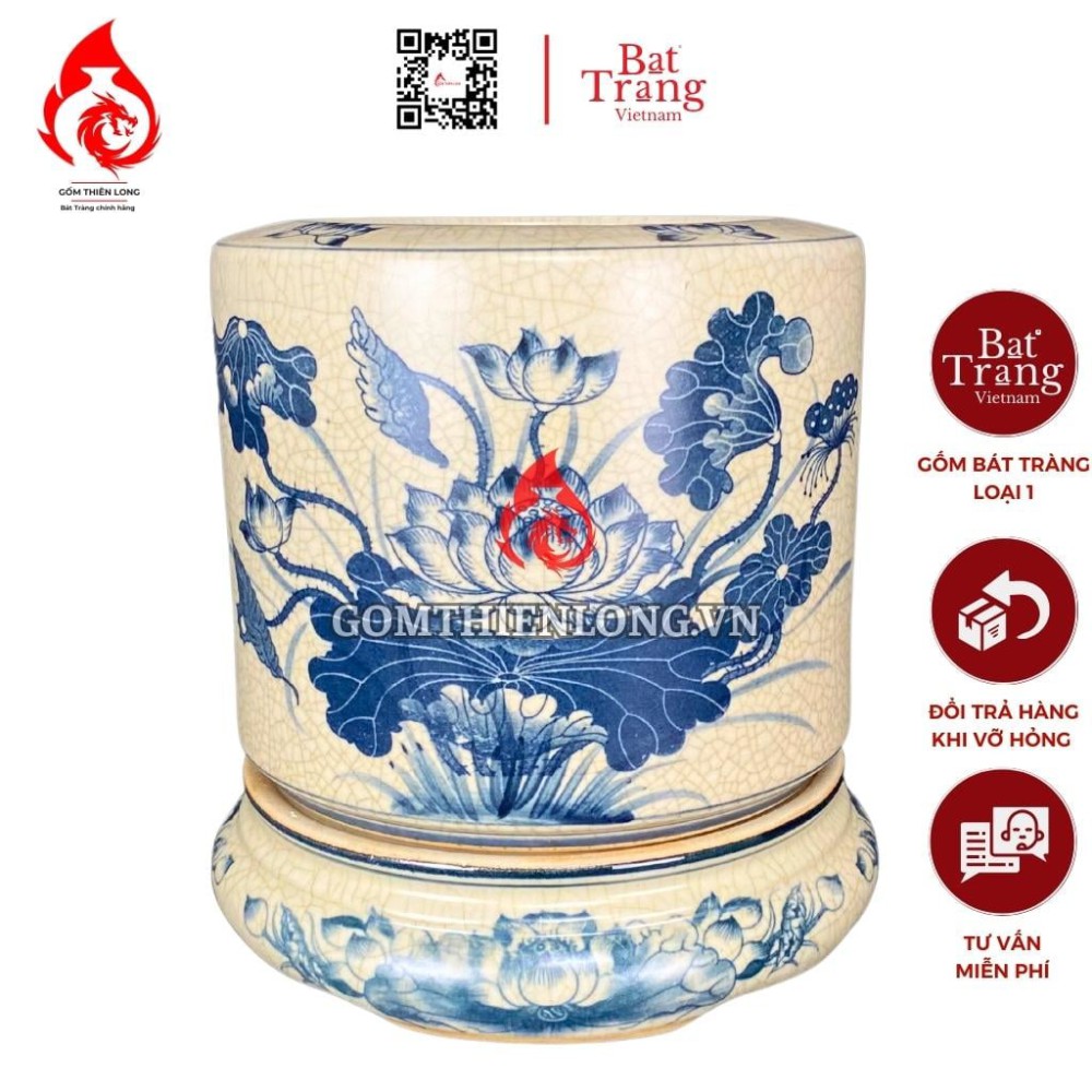 Bộ Bát Hương Men Rạn Vẽ Sen Kèm Đế Sứ SD060723