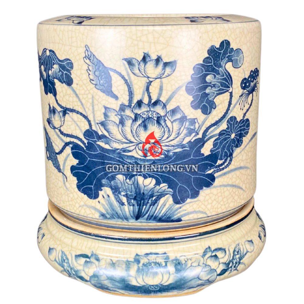 Bộ Bát Hương Men Rạn Vẽ Sen Kèm Đế Sứ SD060723