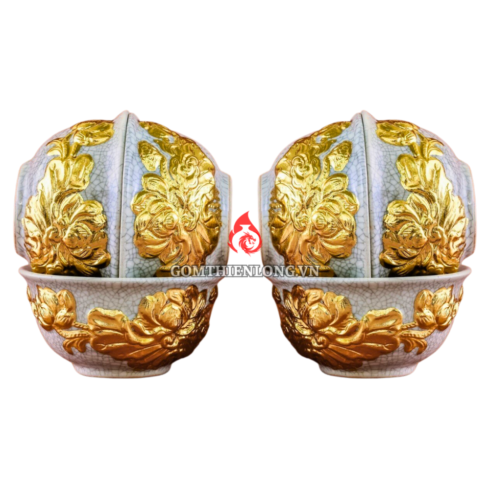 Bộ Bát Cơm Thờ Cúng Bát Tràng Men Rạn Đắp Nổi Dát Vàng Hoa Sen 231163