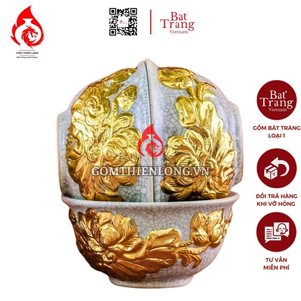 Bộ Bát Cơm Thờ Cúng Bát Tràng Men Rạn Đắp Nổi Dát Vàng Hoa Sen 231163