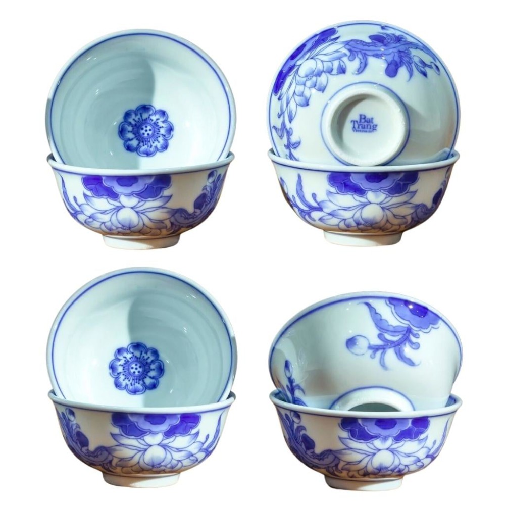 Bộ Bát Cơm Thờ Cúng Bát Tràng Men Lam Vẽ Hoa Sen 231146