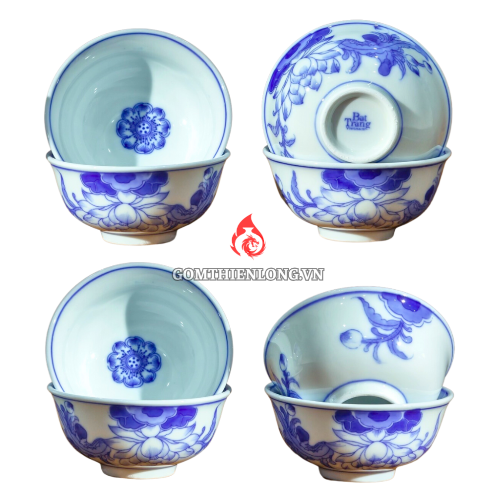 Bộ Bát Cơm Thờ Cúng Bát Tràng Men Lam Vẽ Hoa Sen 231146