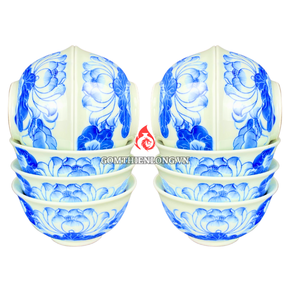 Bộ Bát Thờ Cúng Bát Tràng Men Xanh Lam Vẽ Hoa Sen 231143
