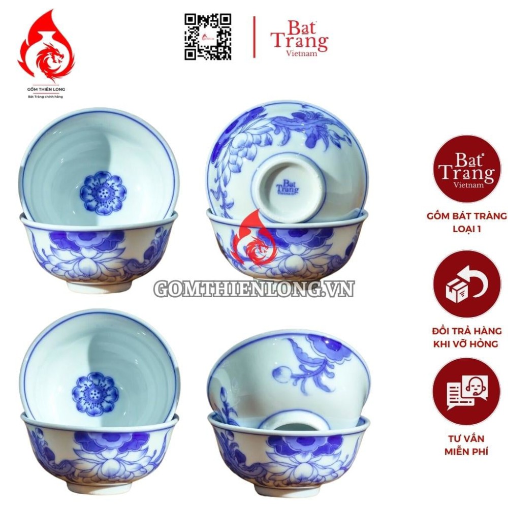 Bộ Bát Cơm Thờ Cúng Bát Tràng Men Lam Vẽ Hoa Sen 231146