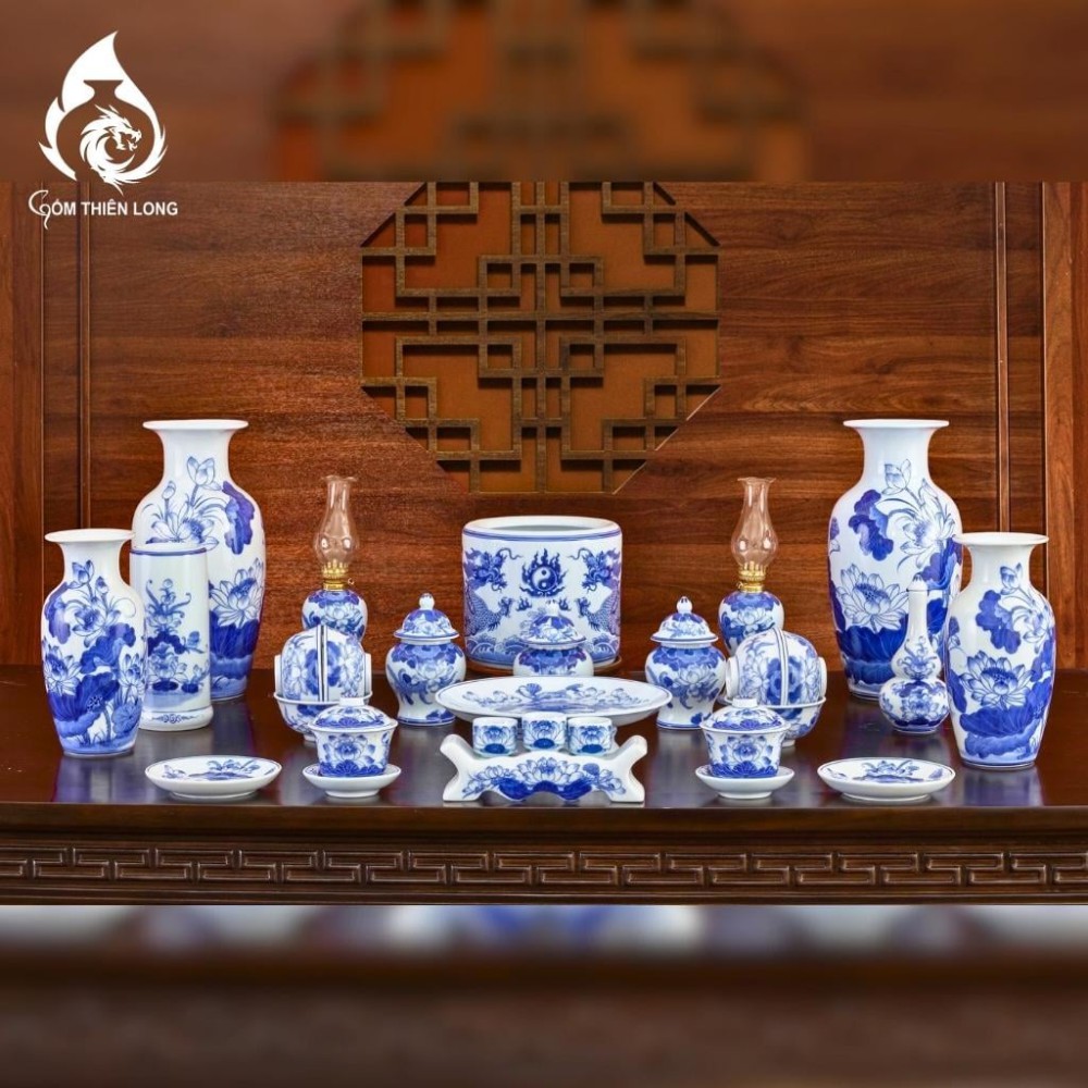 Bộ Bát Cơm Thờ Cúng Bát Tràng Men Lam Vẽ Hoa Sen 231146