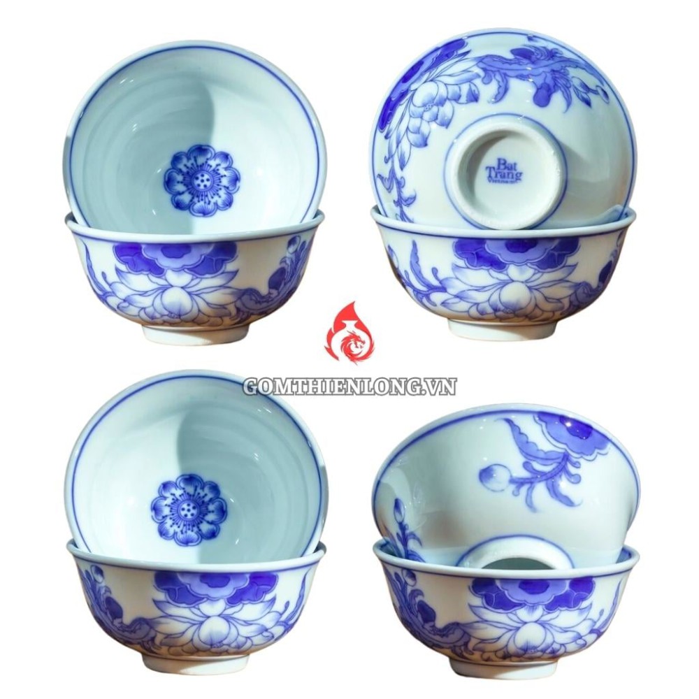 Bộ Bát Cơm Thờ Cúng Bát Tràng Men Lam Vẽ Hoa Sen 231146