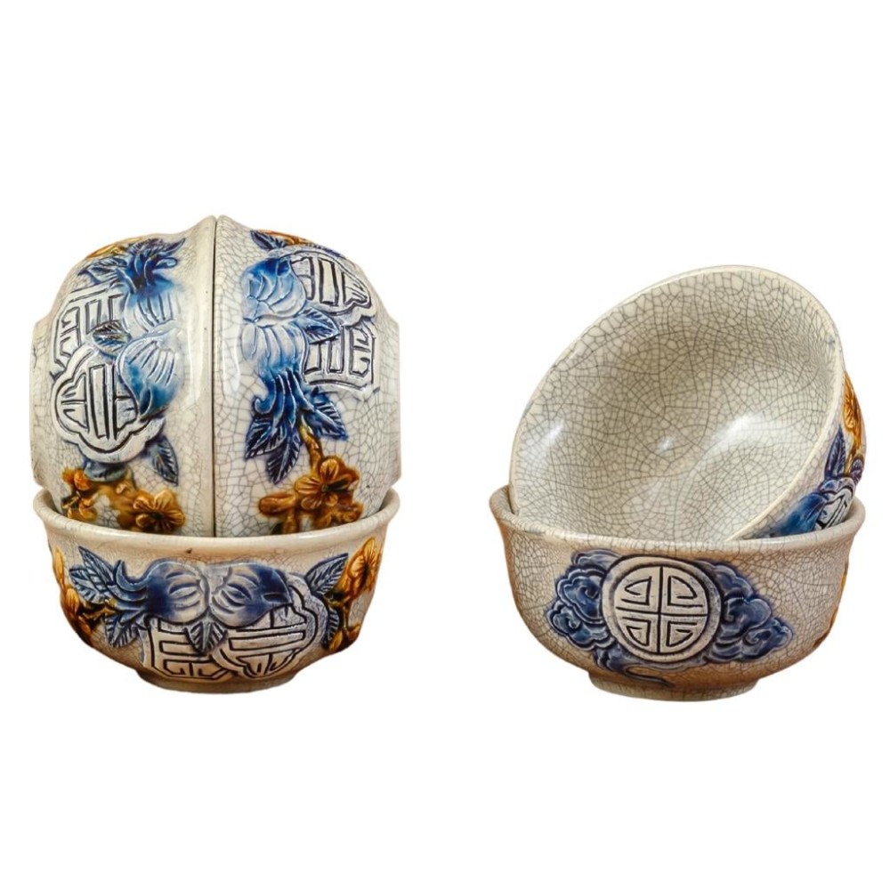 Bộ Bát Cơm Thờ Cúng Bát Tràng Men Rạn Đắp Nổi Thọ Đào 231149