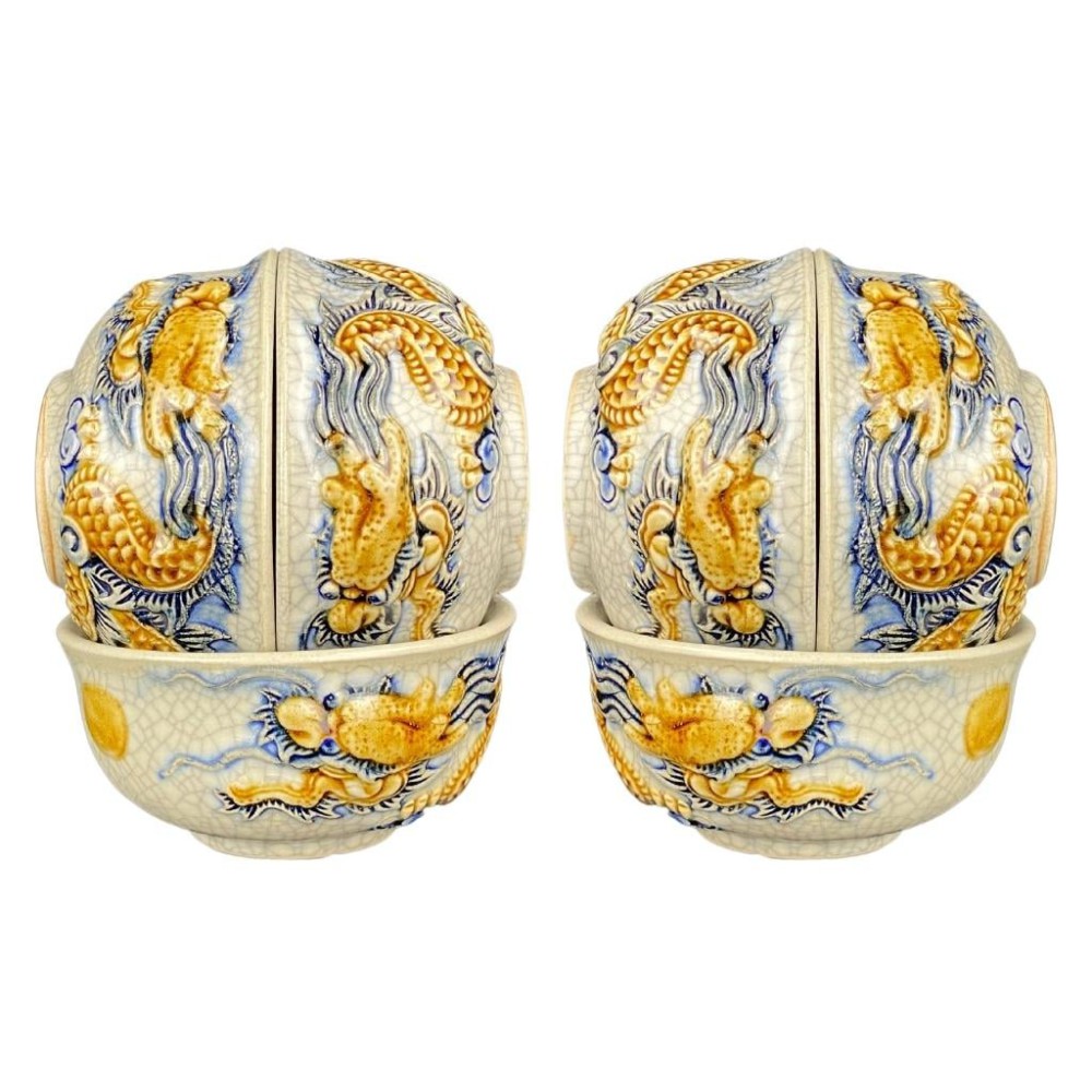 Bộ Bát Cơm Thờ Cúng Bát Tràng Men Rạn Đắp Nổi Rồng 231150