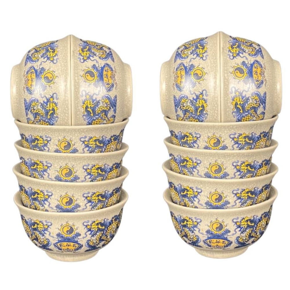 Bộ Bát Cơm Thờ Cúng Bát Tràng Men Rạn Vẽ Long Chầu Nguyệt 231155