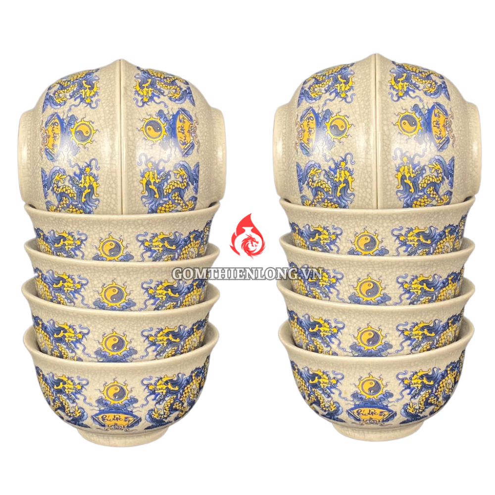 Bộ Bát Cơm Thờ Cúng Bát Tràng Men Rạn Vẽ Long Chầu Nguyệt 231155