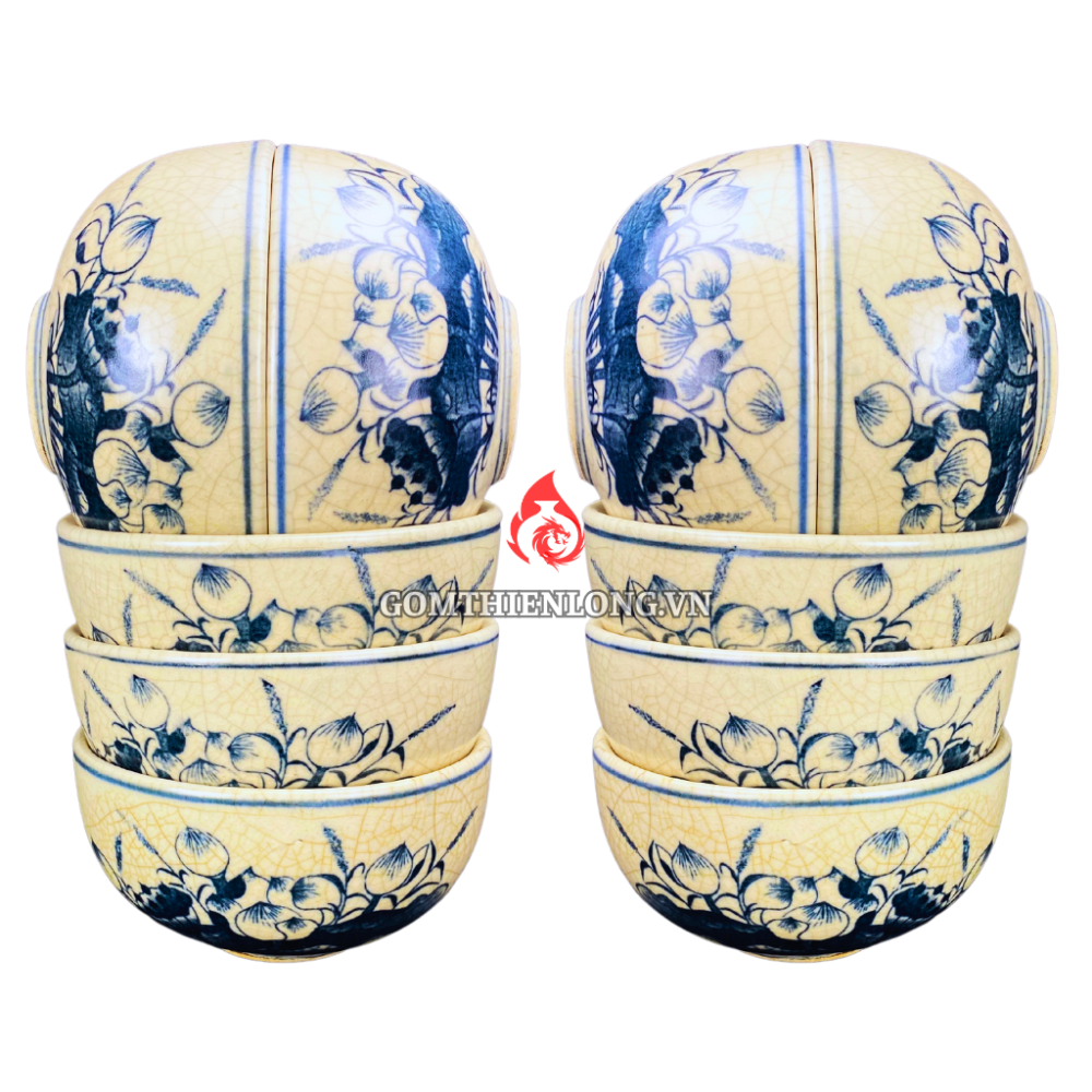Bộ Bát Cơm Thờ Cúng Bát Tràng Men Rạn Vẽ Hoa Sen 231159