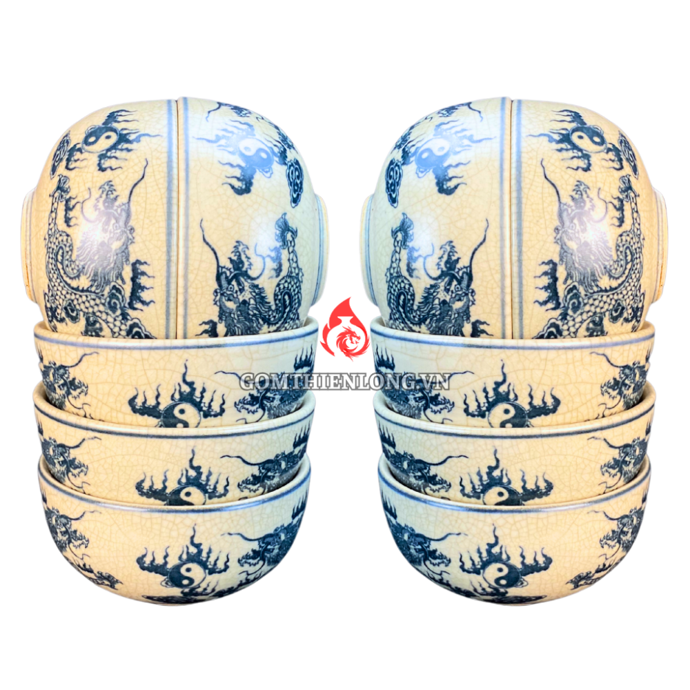 Bộ Bát Thờ Cúng Bát Tràng Men Rạn Vẽ Rồng Phượng 231160