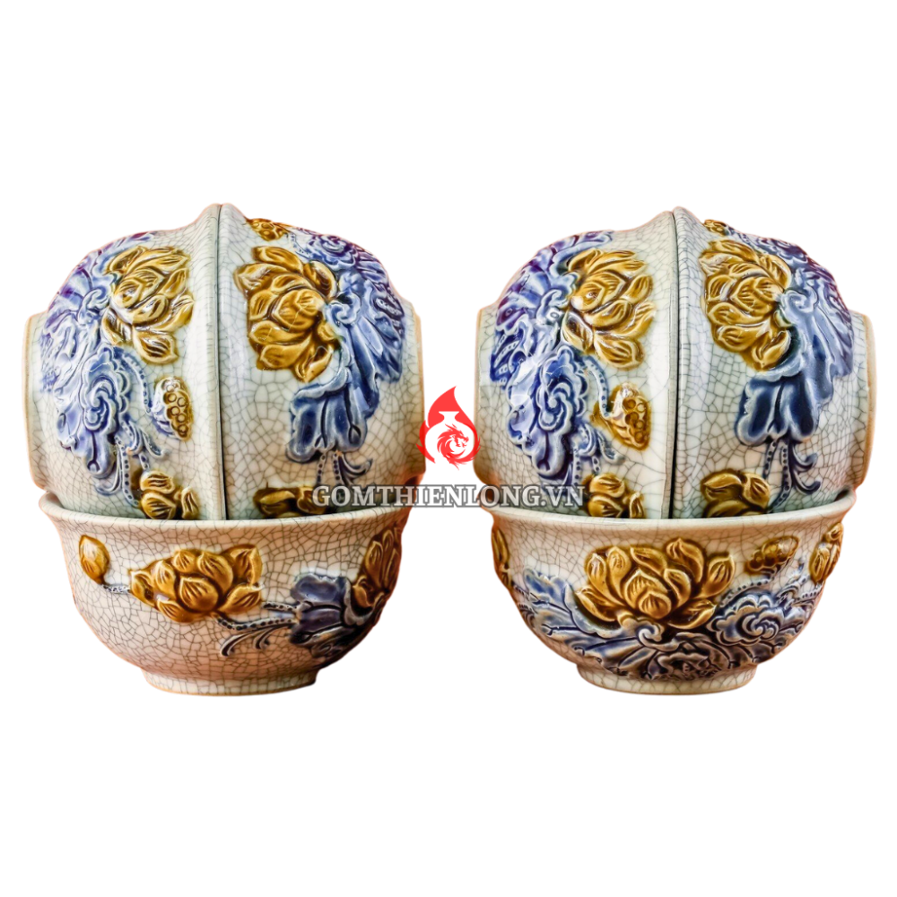 Bộ Bát Cơm Thờ Cúng Bát Tràng Men Rạn Đắp Nổi Hoa Sen 231161
